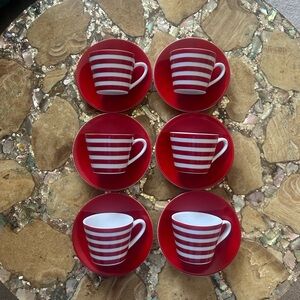 Crate&Barrel Red and White Striped Espresso Cup and Saucer Set